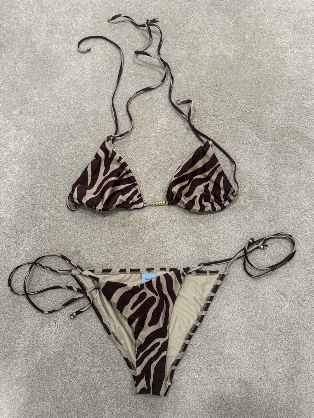 Triangle Zebra-Print Bikini Set in Brown and Cream